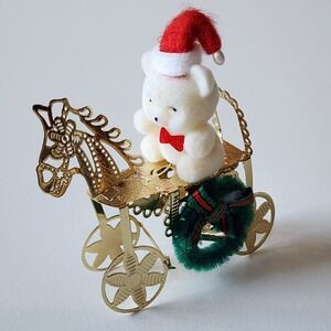 Vintage‎ Flocked Teddy Bear Riding Rocking Horse Christmas Ornament 2" 1980's